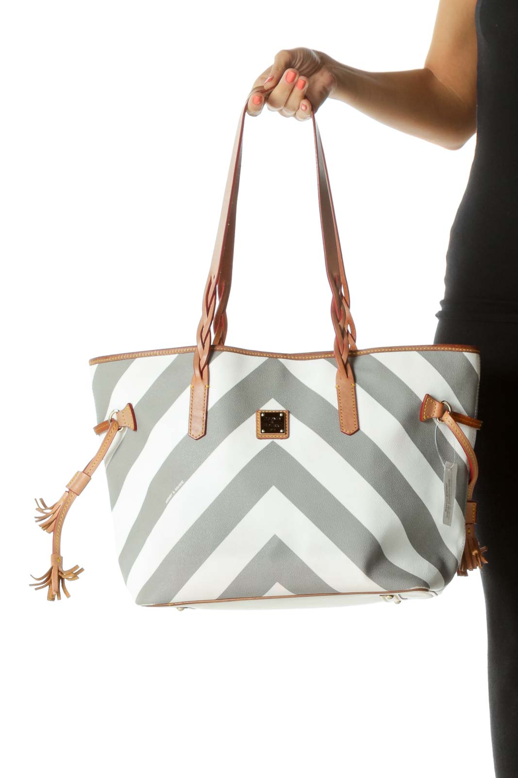 White Gray Chevron Print Magnetic Closure Tote Bag