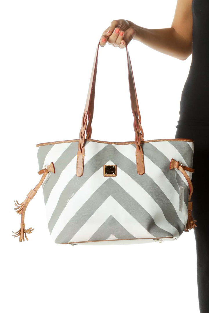White Gray Chevron Print Magnetic Closure Tote Bag