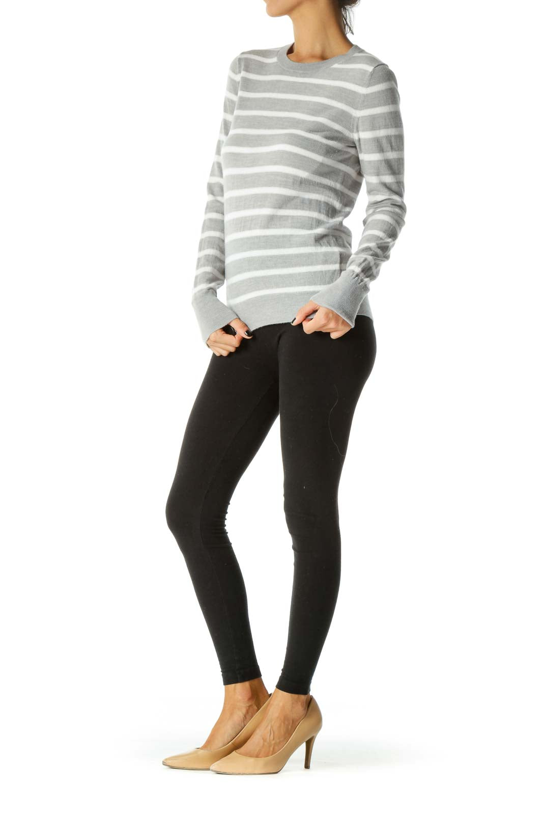 Gray Cream Striped Long Sleeve Extra Fine Merino Wool Sweater