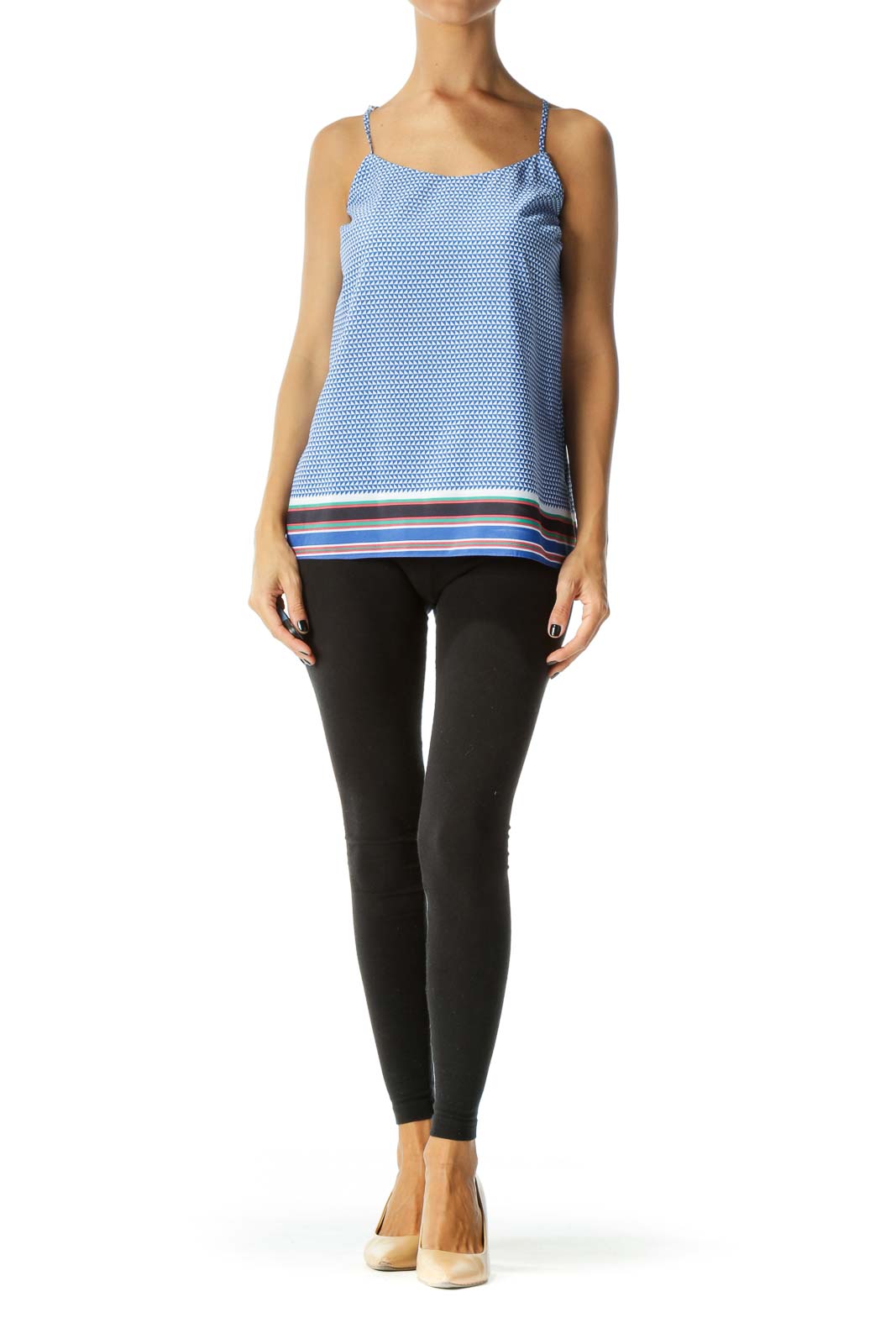 Blue White Multicolored Geometric Print Round Neck Spaghetti Strap Top