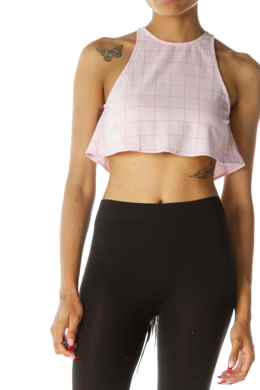 Light Pink Brown Windowpane Open Back Crop Top