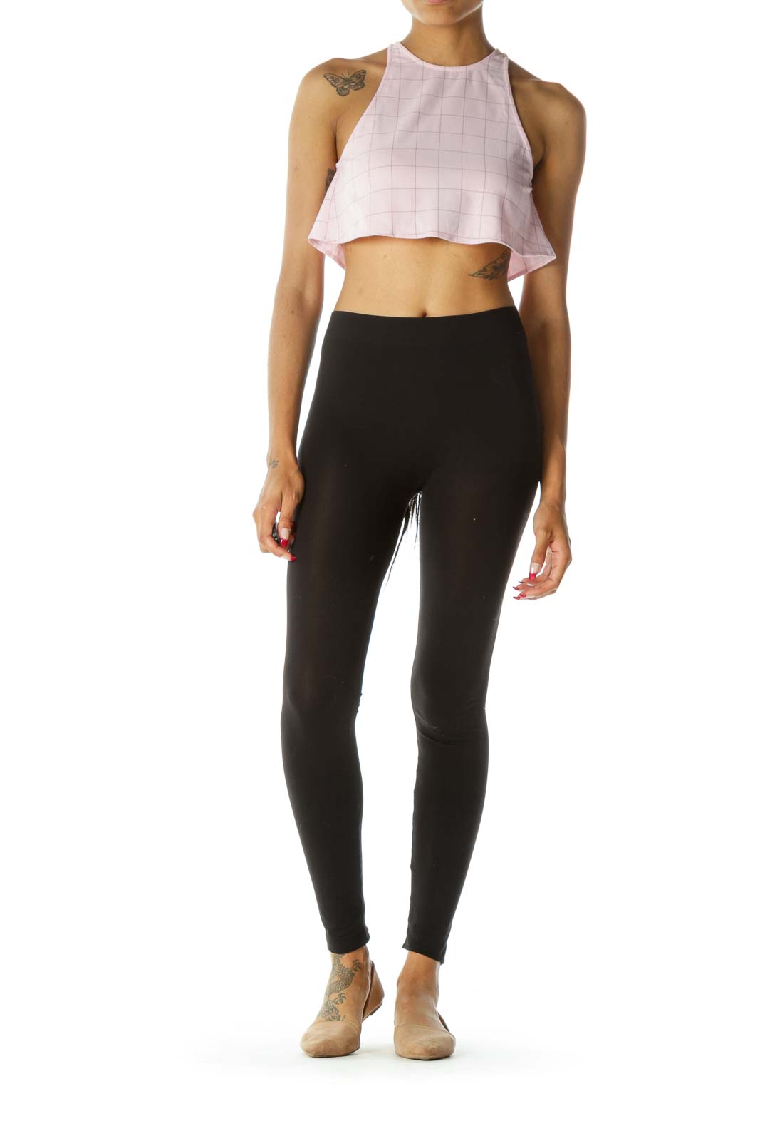Light Pink Brown Windowpane Open Back Crop Top