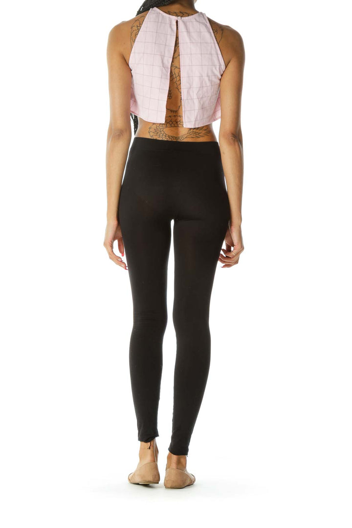 Light Pink Brown Windowpane Open Back Crop Top