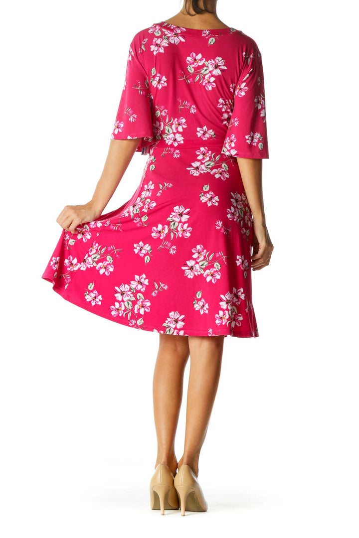 Pink White Green Floral Print Short Sleeves Stretch Mock Wrap Dress