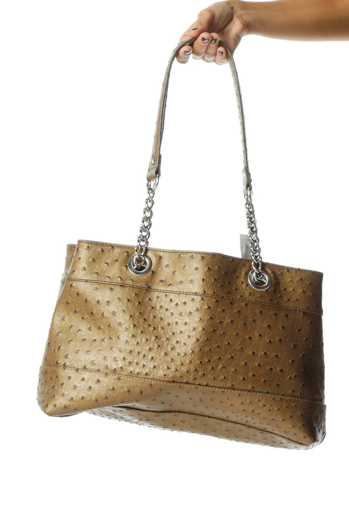 Brown Simulated Leather Textured Two Chain Straps Shoulder Bag