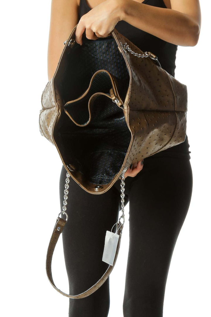 Brown Simulated Leather Textured Two Chain Straps Shoulder Bag