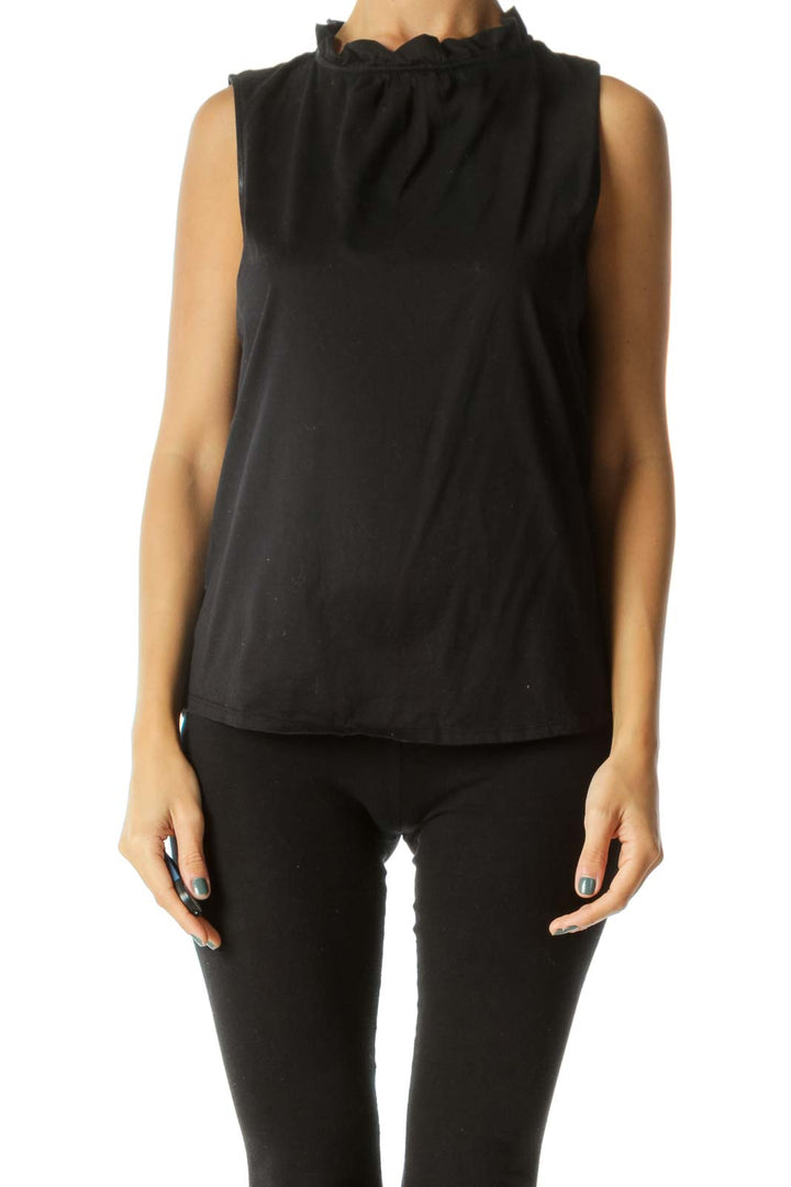 Black 100% Cotton Neckline Ruffle Keyhole Back Stretch Tank Top
