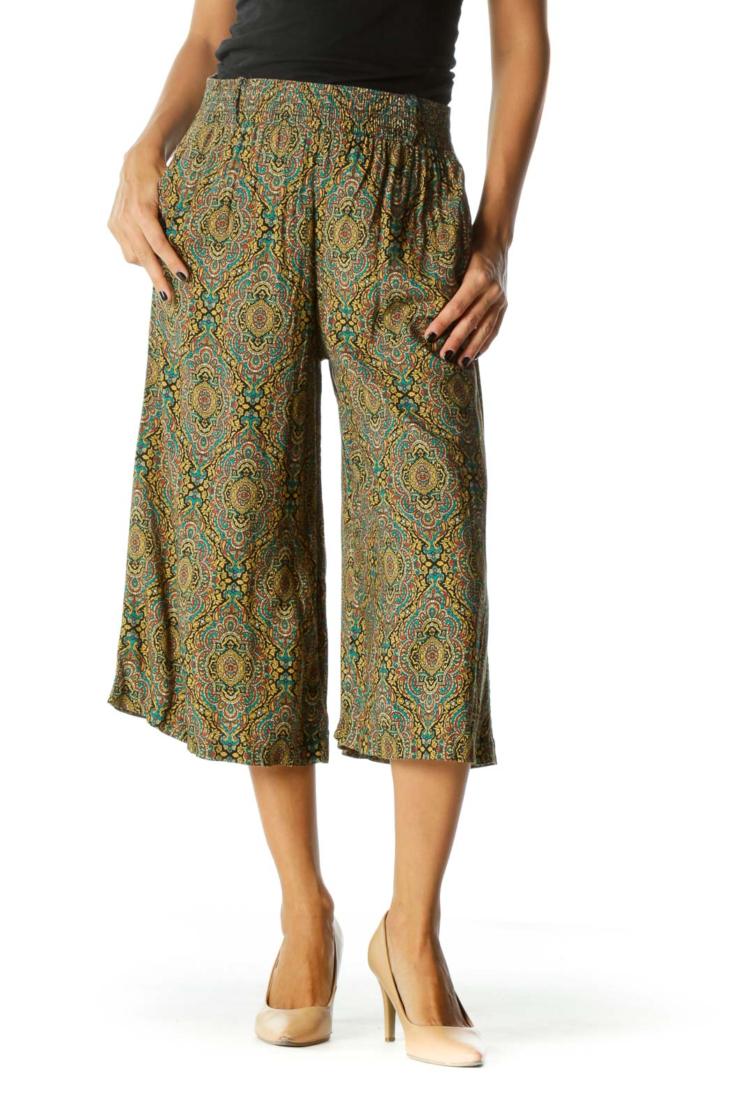 Multicolor Pattern Wide-Leg Cropped Pants