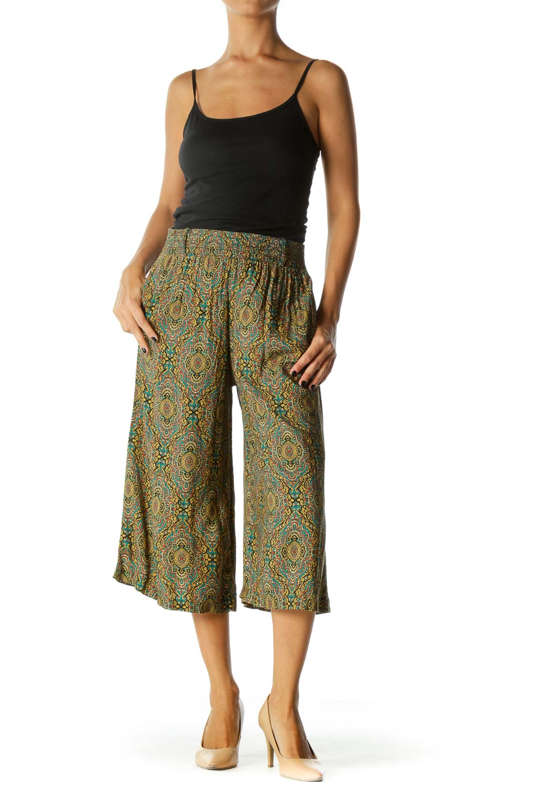 Multicolor Pattern Wide-Leg Cropped Pants