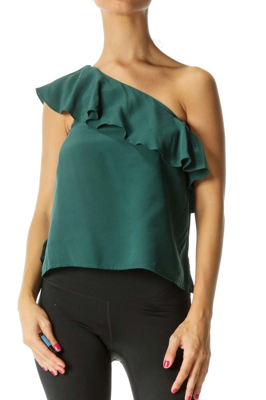 Green Silk Ruffle One-Shoulder Top