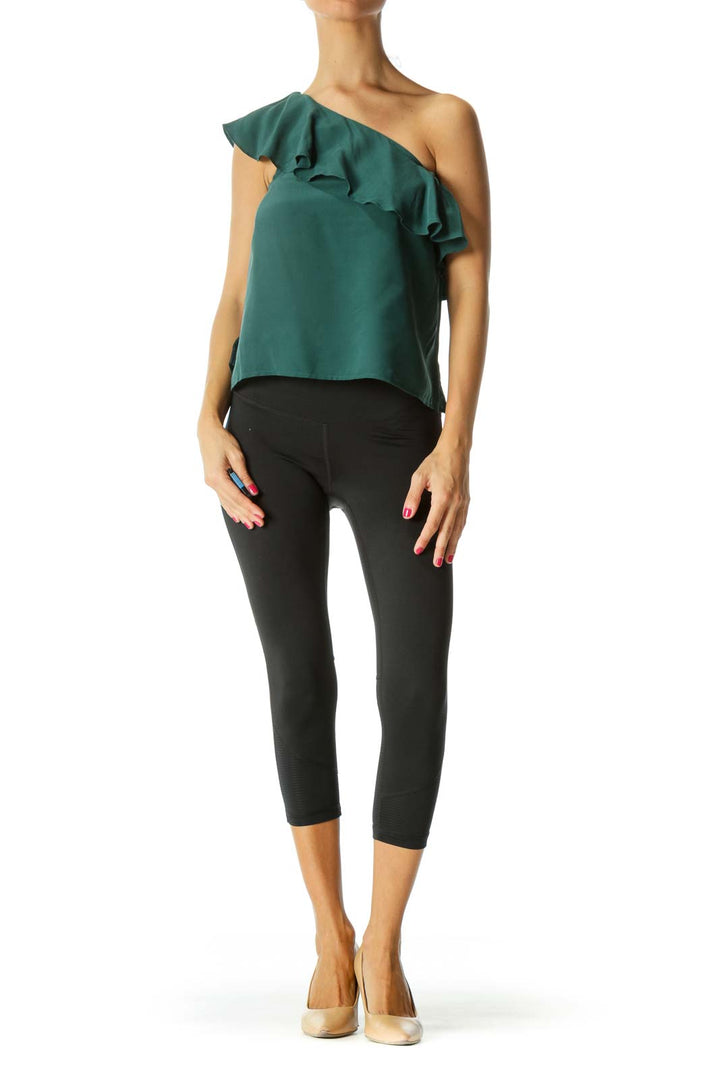 Green Silk Ruffle One-Shoulder Top