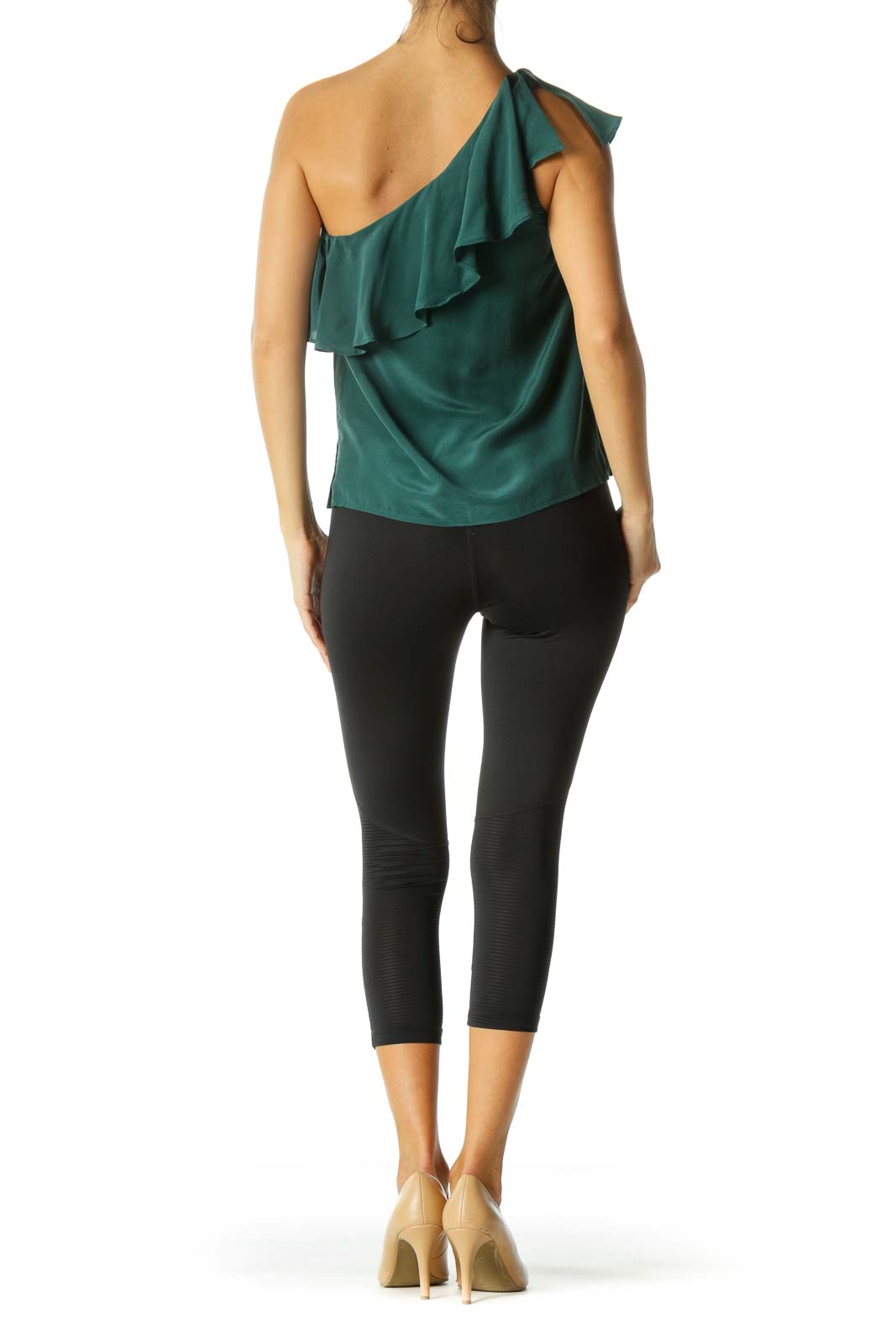 Green Silk Ruffle One-Shoulder Top