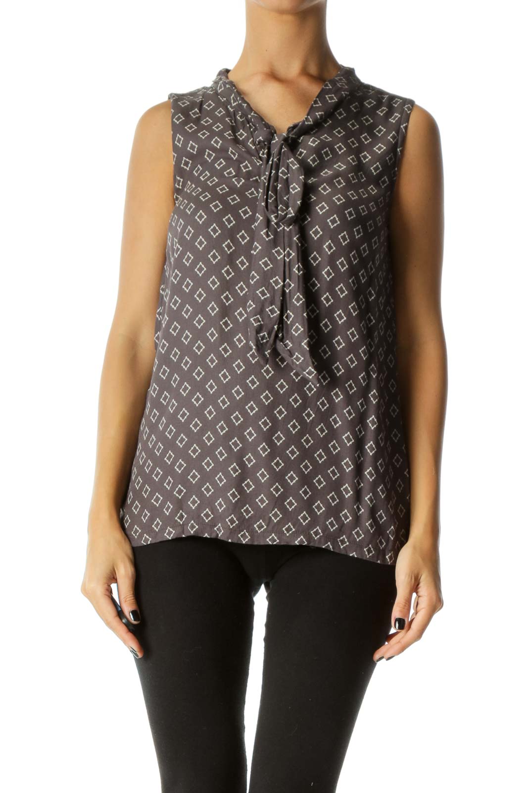 Gray & Cream Tile-Print Sleeveless Neck-Tie Blouse