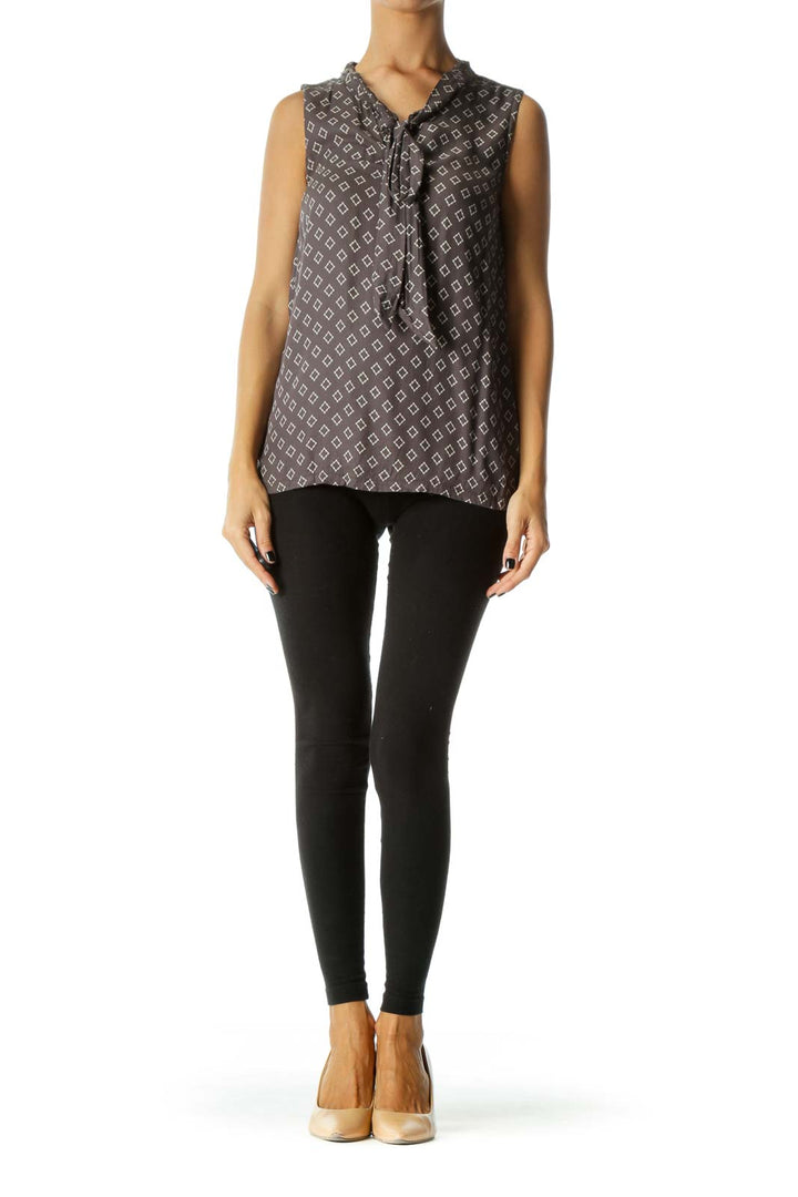 Gray & Cream Tile-Print Sleeveless Neck-Tie Blouse