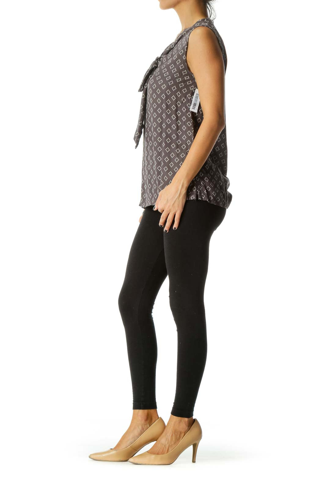 Gray & Cream Tile-Print Sleeveless Neck-Tie Blouse