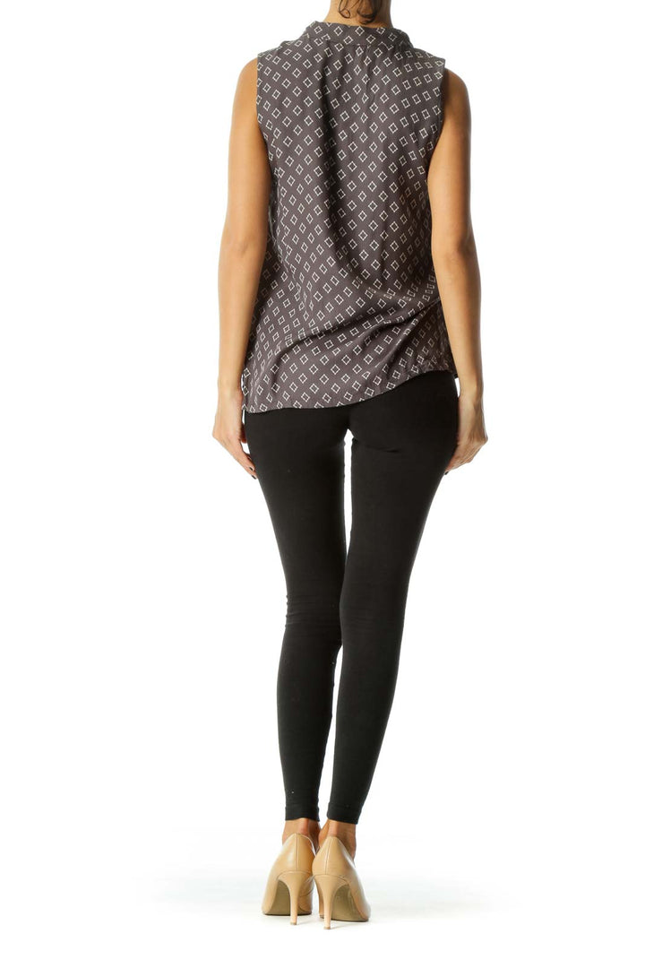 Gray & Cream Tile-Print Sleeveless Neck-Tie Blouse