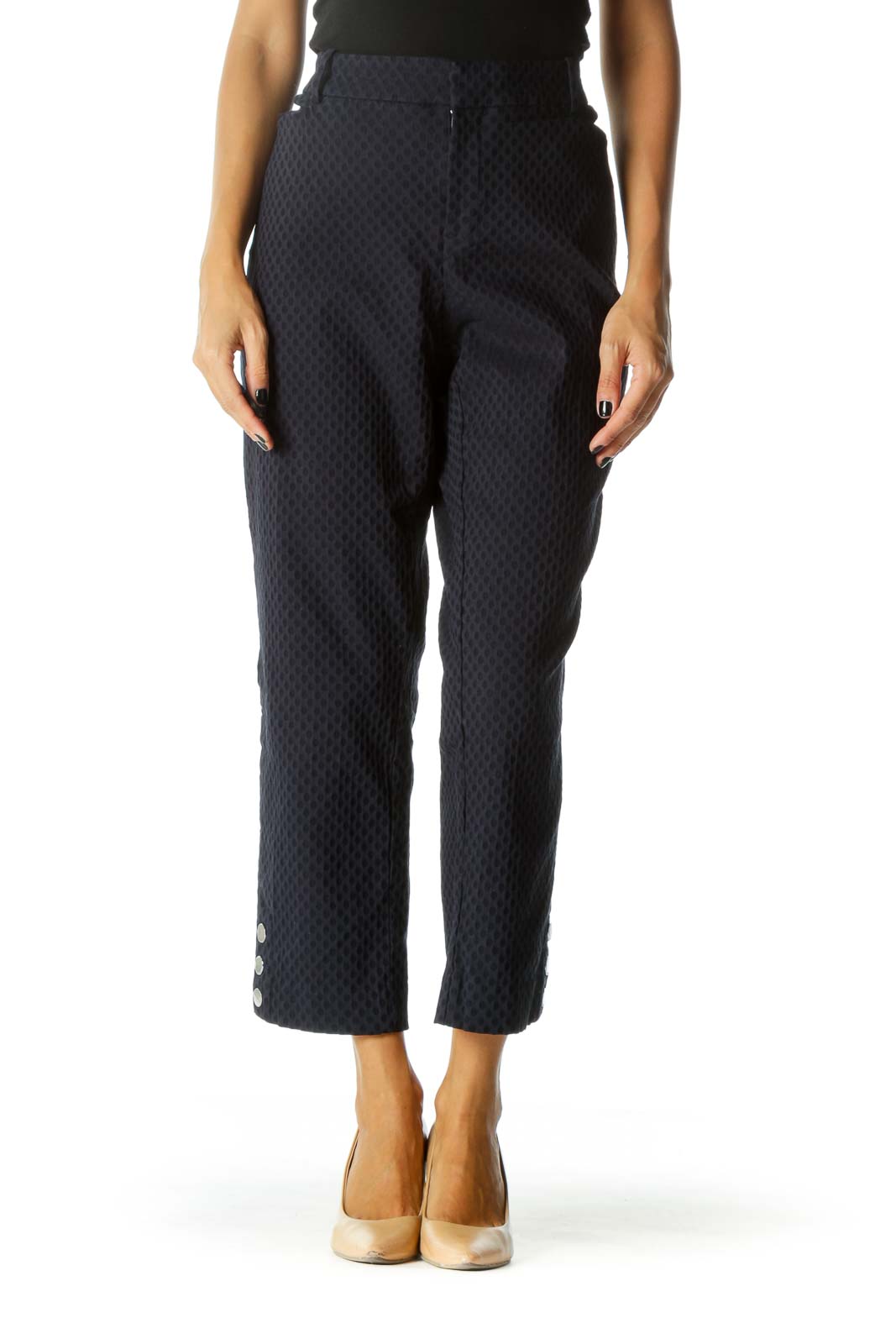 Navy Blue Textured Ankle Buttons Tapered Pants