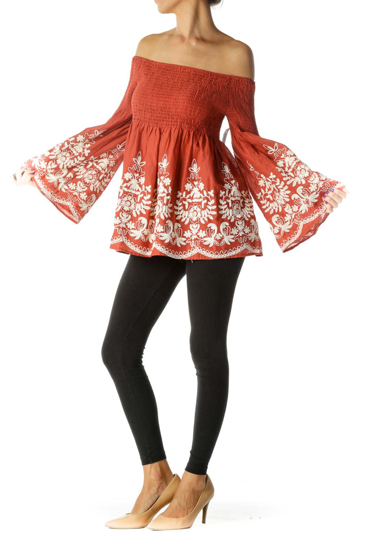 Orange Cream Embroidered Shirring Off-Shoulder Top