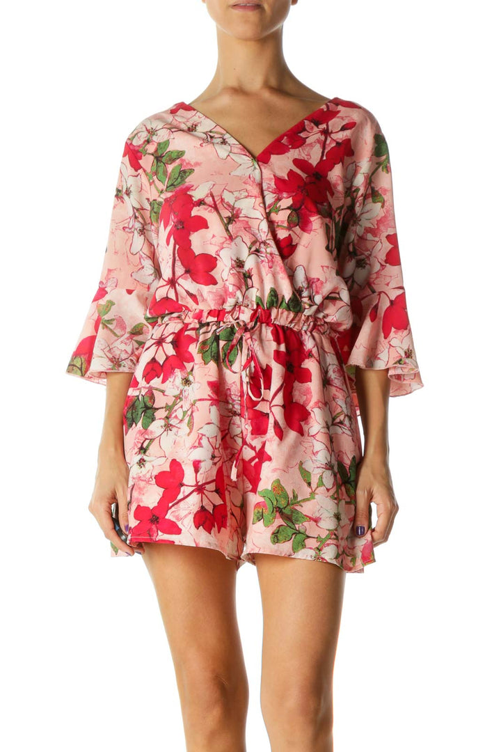 Pink Green White Floral Print Surplice Pocketed Drawstring Romper