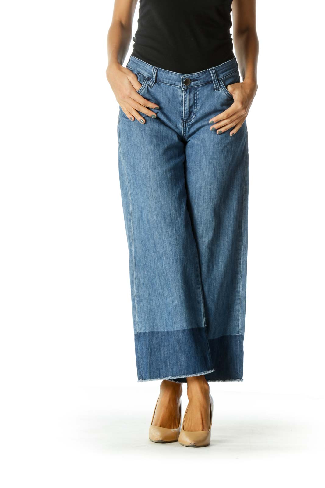 Blue Raw Hem Color Block Wide Leg Stretch Cropped Denim Pants
