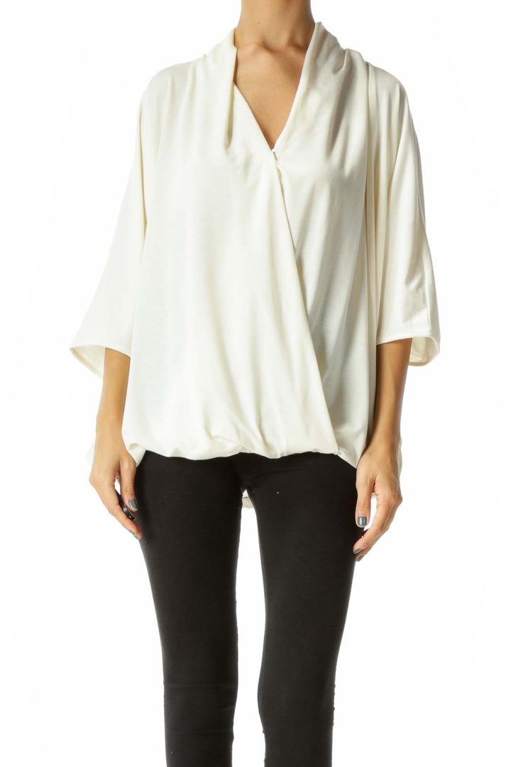 Cream V-Neck Snap Button Closure Bat Sleeves Elastic Waist Blouse
