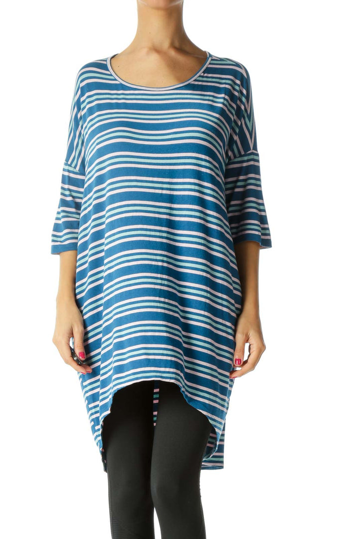 Blue Green Pink Striped Stretch Oversized T-Shirt
