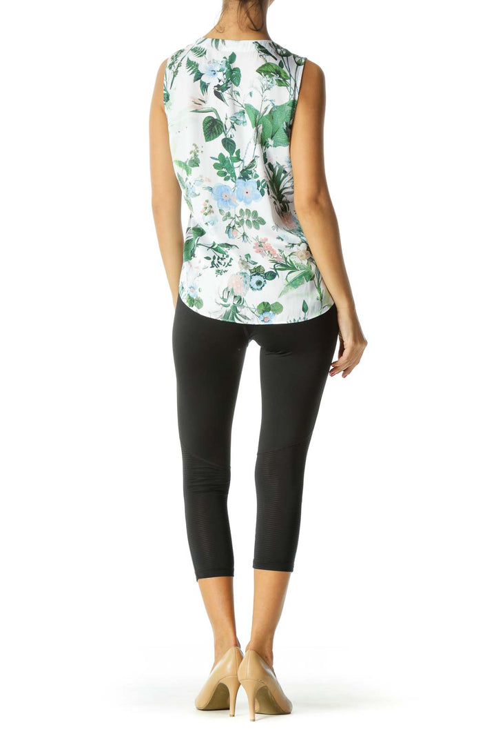 White&Green Floral Print Sleeveless Blouse