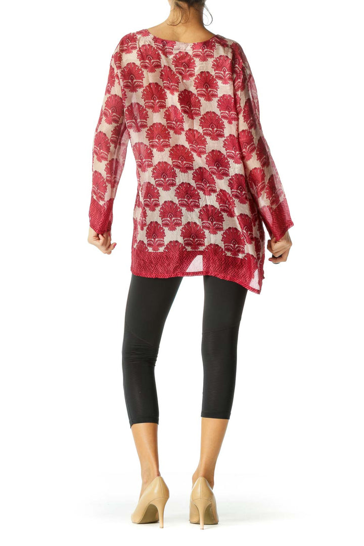 Red Sheer Printed 100% Silk Blouse