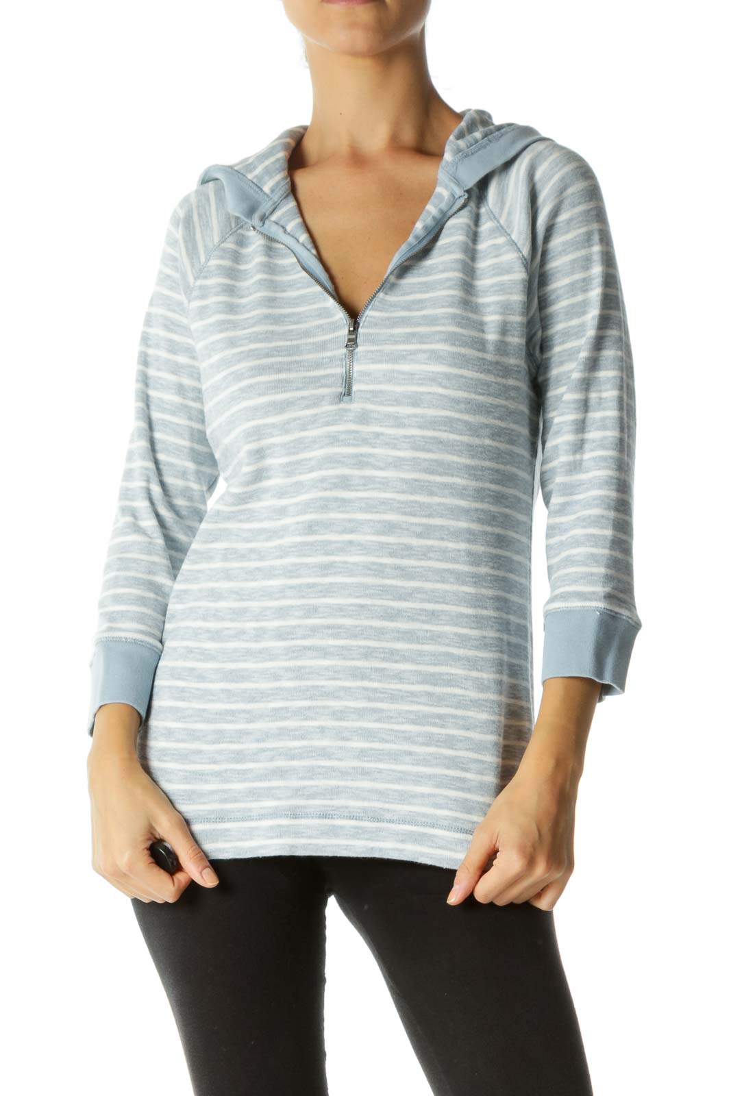 Light Blue White Striped Zipper Hooded Knit Jacket