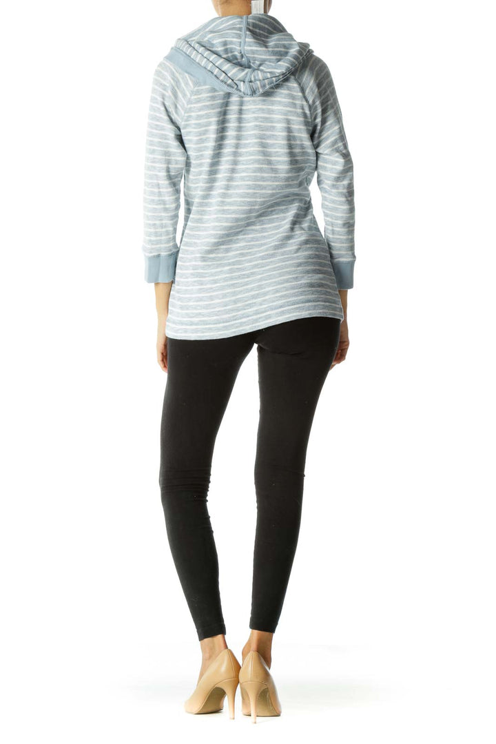 Light Blue White Striped Zipper Hooded Knit Jacket