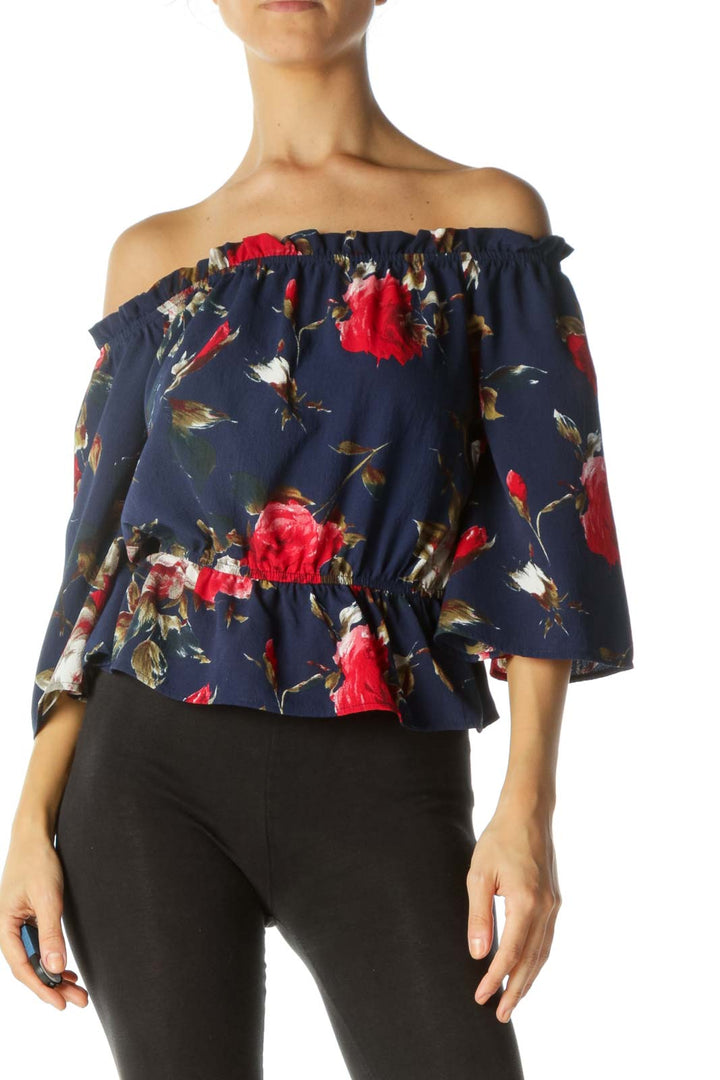 Navy Red Green Floral Print Flared Sleeves Elastic Waist Top