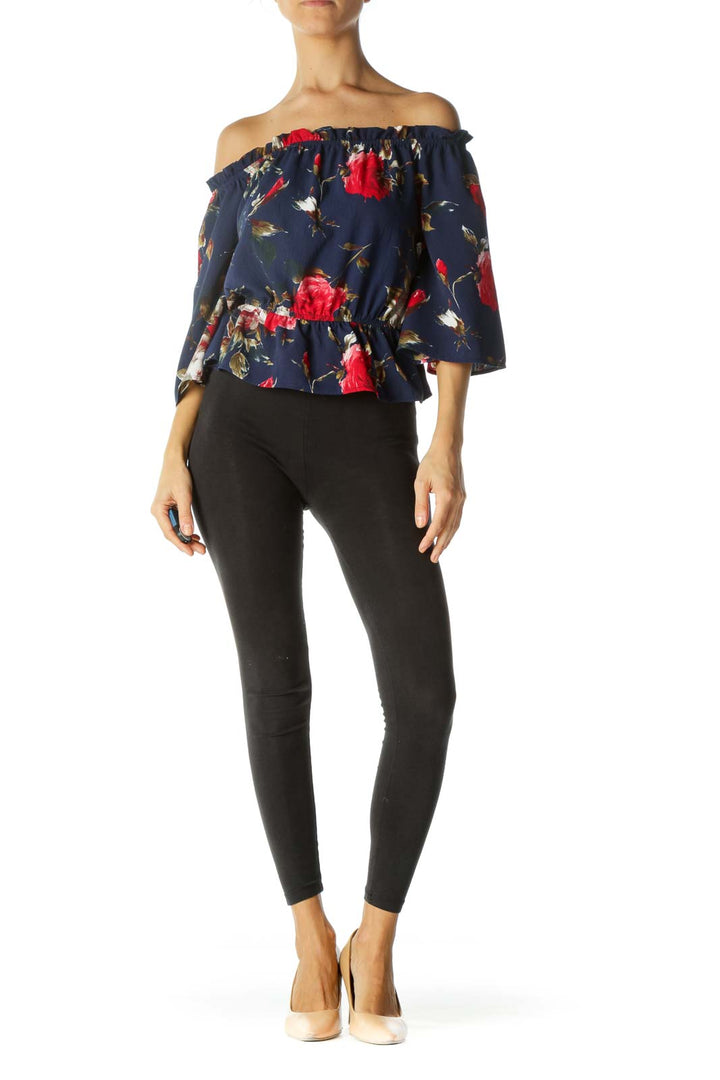 Navy Red Green Floral Print Flared Sleeves Elastic Waist Top