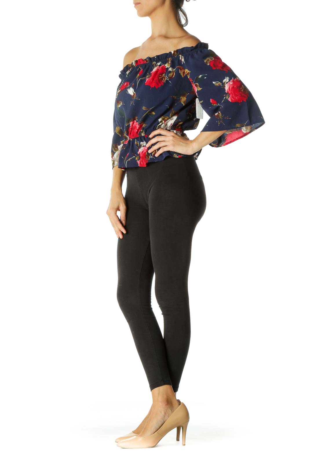 Navy Red Green Floral Print Flared Sleeves Elastic Waist Top