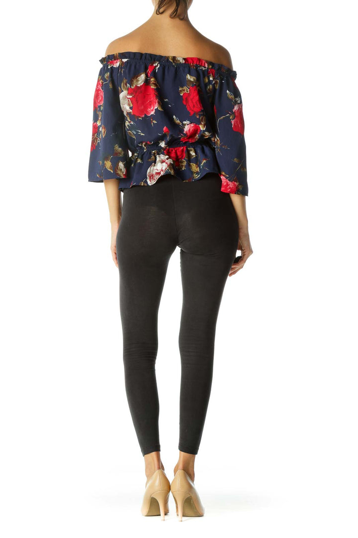 Navy Red Green Floral Print Flared Sleeves Elastic Waist Top