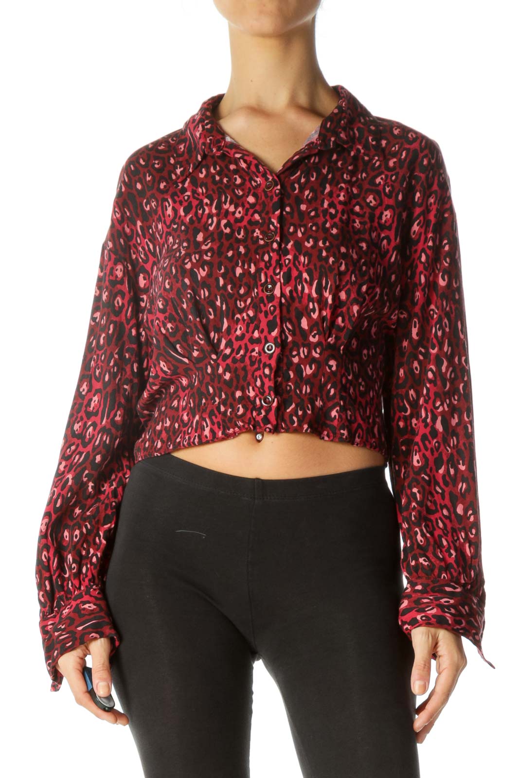 Burgundy Black Animal Print Long Sleeve Buttoned Top