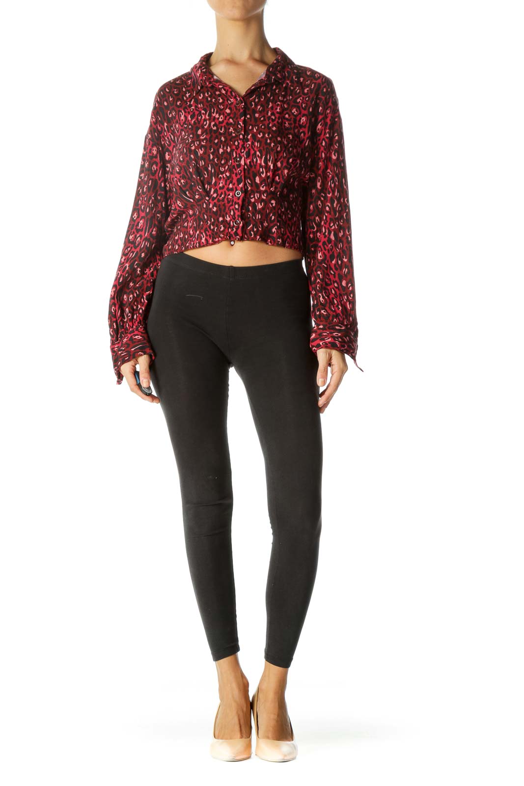 Burgundy Black Animal Print Long Sleeve Buttoned Top