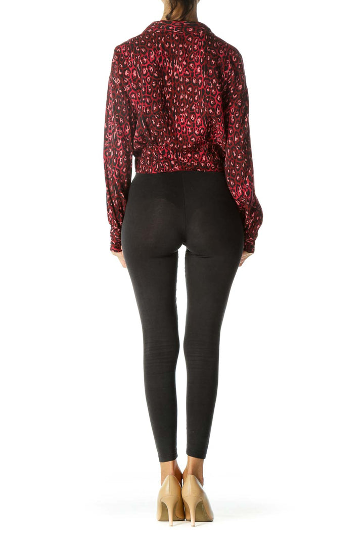 Burgundy Black Animal Print Long Sleeve Buttoned Top