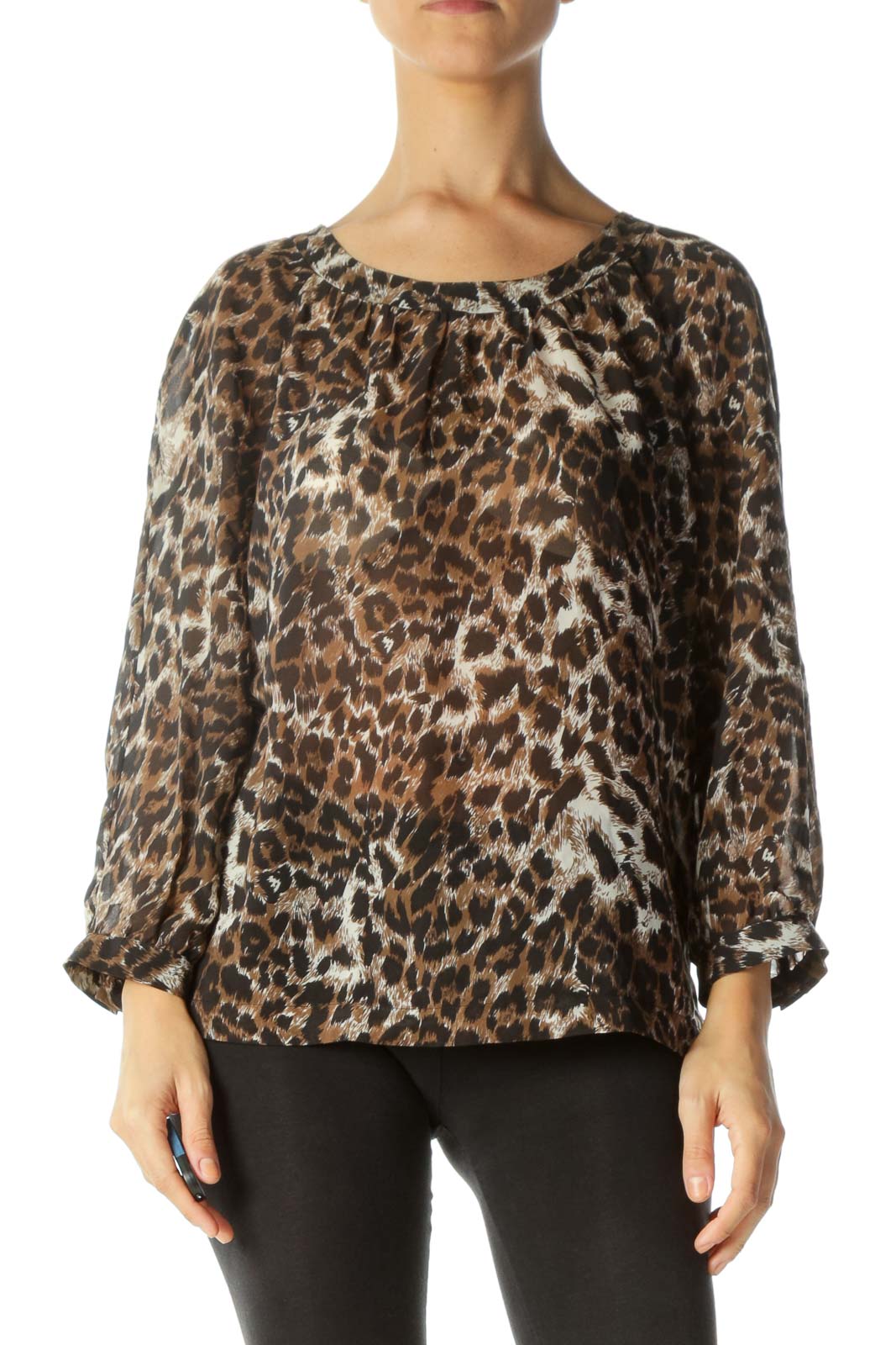 Brown Black Animal Print Open-Back Translucent Blouse