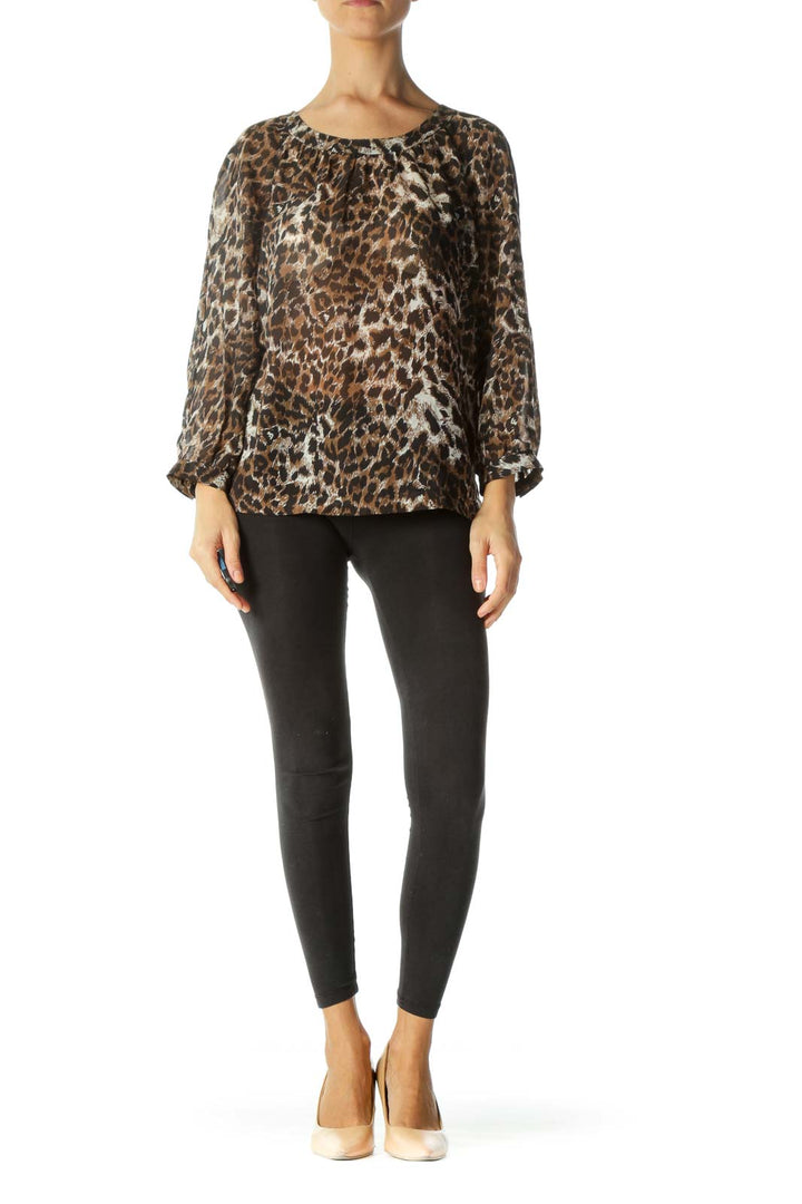 Brown Black Animal Print Open-Back Translucent Blouse