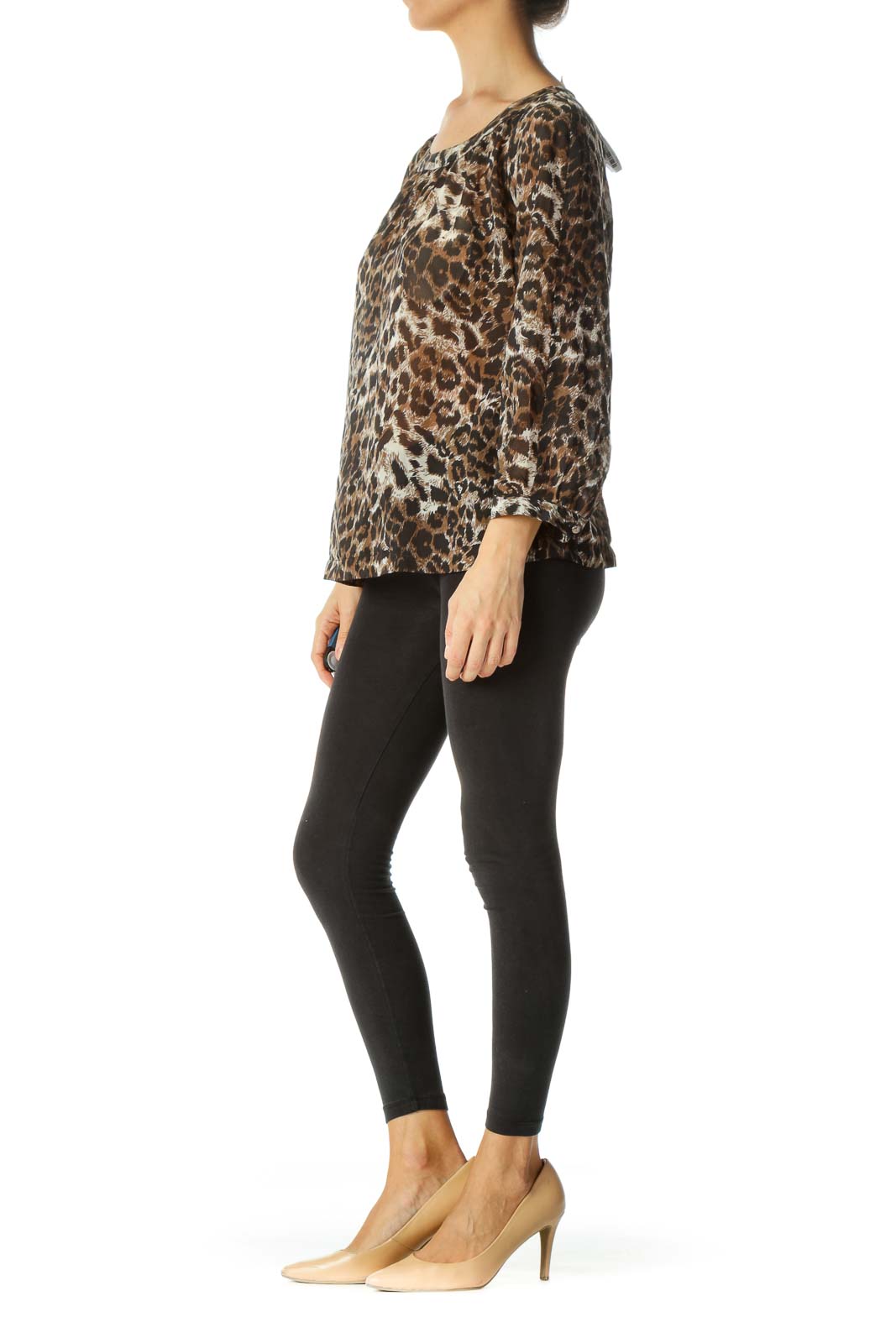 Brown Black Animal Print Open-Back Translucent Blouse