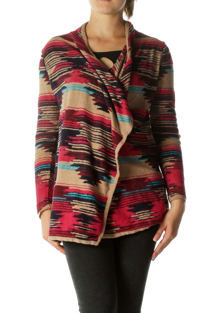 Pink Blue Beige Tribal Texture Open Knit Sweater