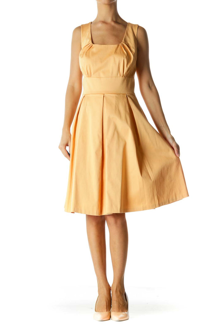 Light Orange Round Neck Scrunched Cinched Waist Dress