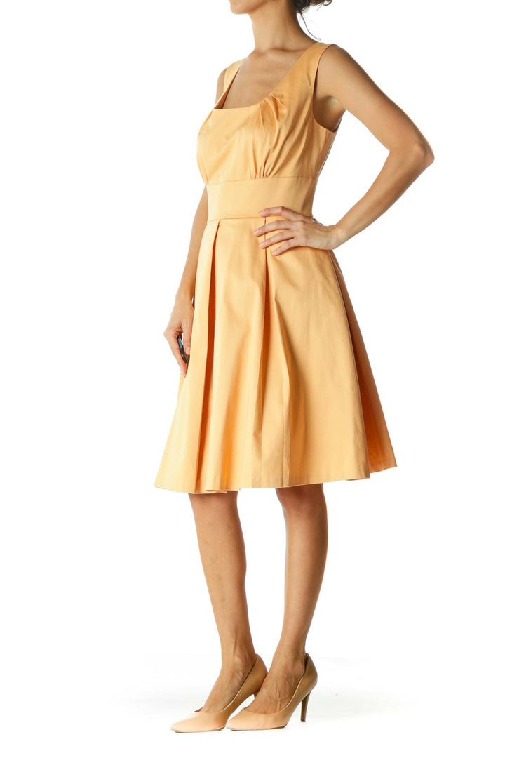Light Orange Round Neck Scrunched Cinched Waist Dress