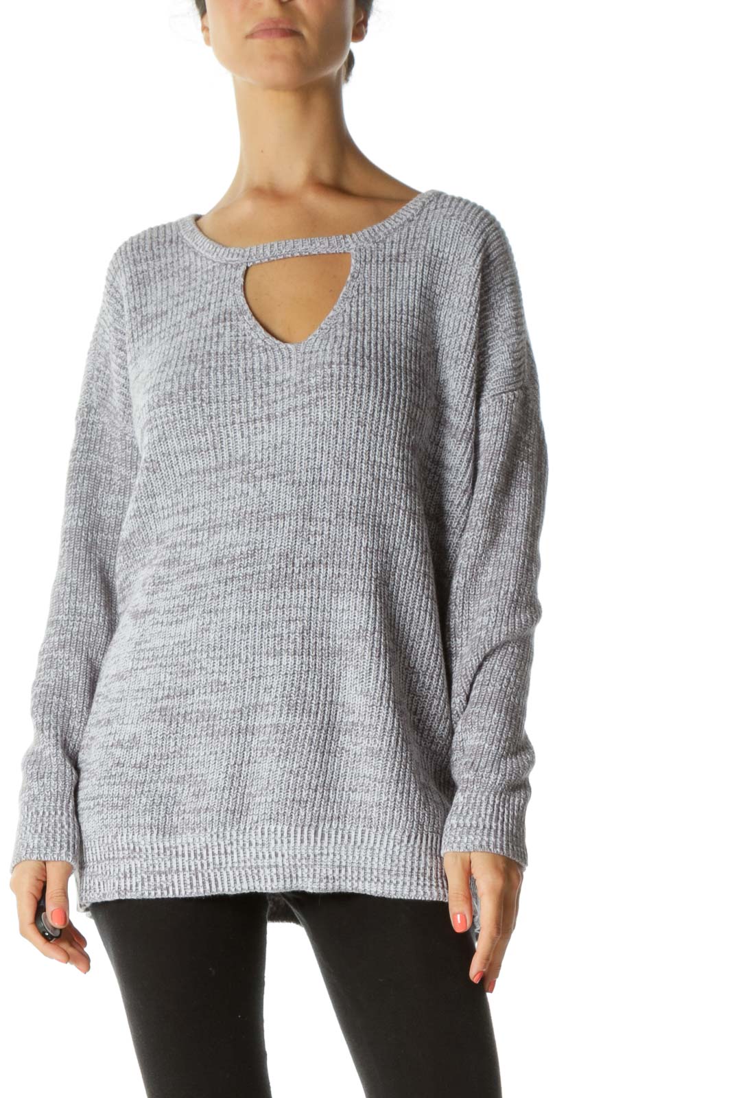Gray White Keyhole Knit Plus Size Sweater