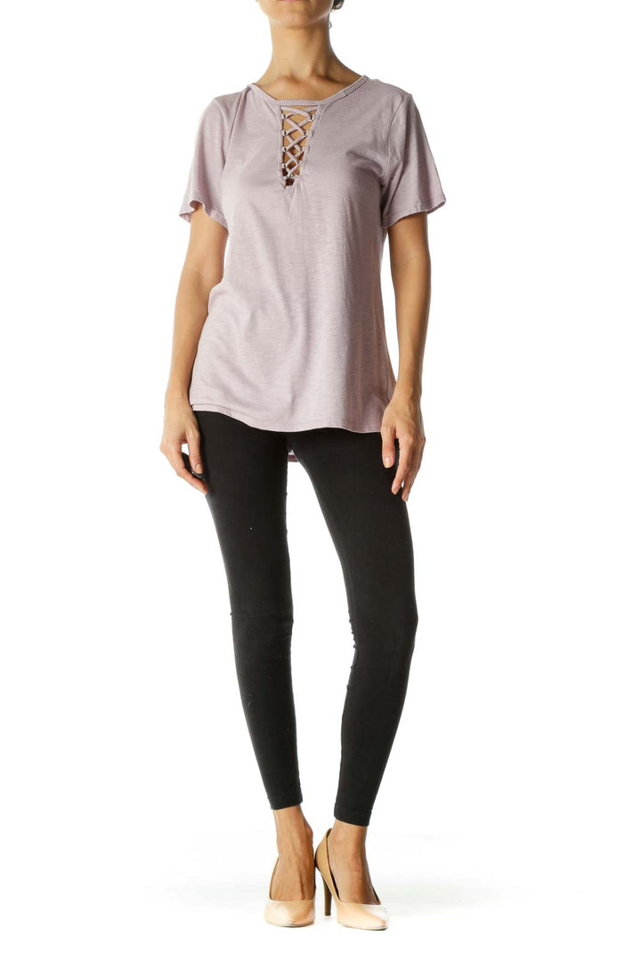 Light Purple Cotton Blend Crisscross Stretch T-Shirt