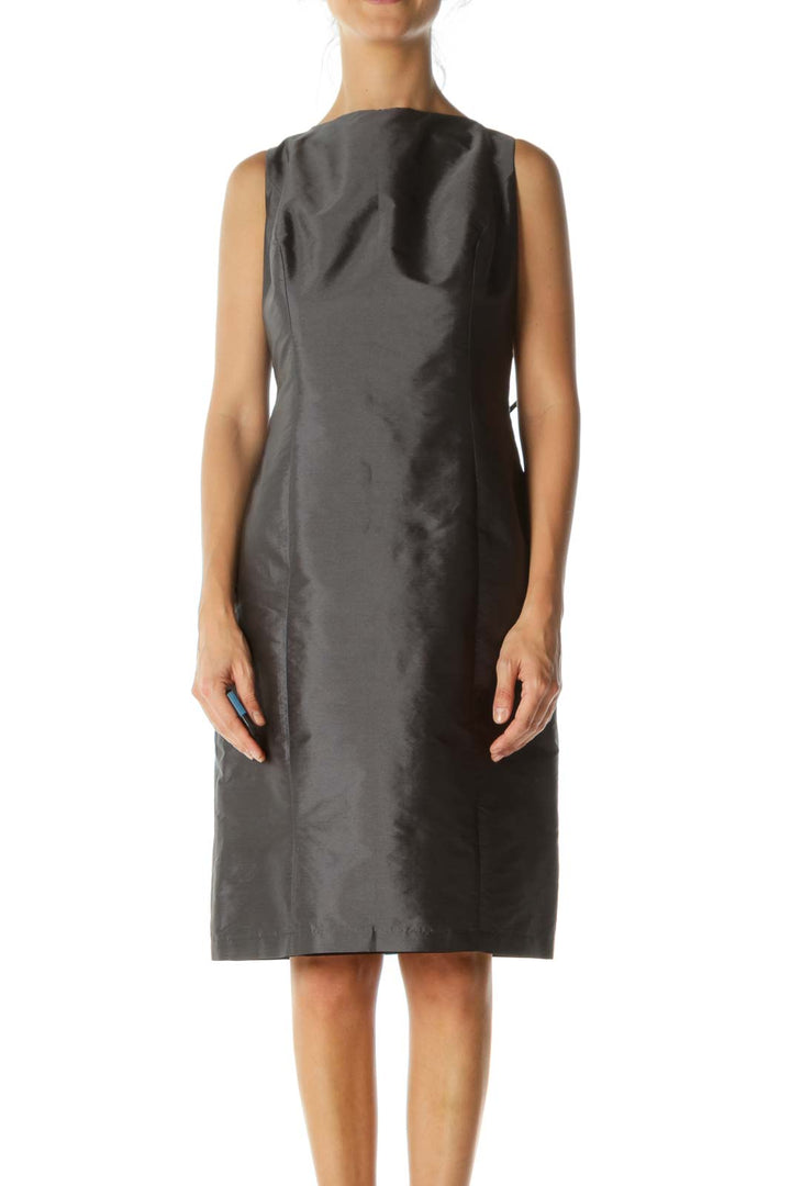 Dark Silver Open Back and Bow Textured Dress
