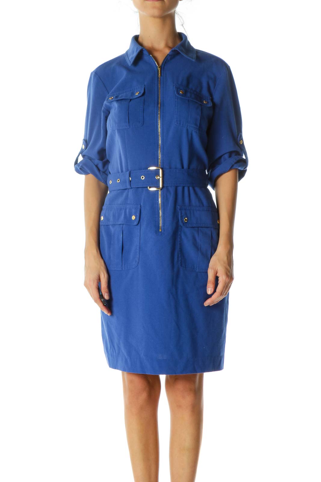 Royal Blue Gold Pocketed Zippered Stretch Roll-Up Sleeves Belted Dress