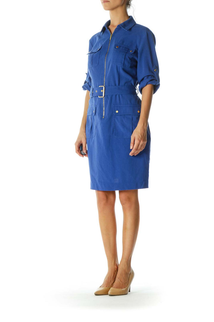 Royal Blue Gold Pocketed Zippered Stretch Roll-Up Sleeves Belted Dress