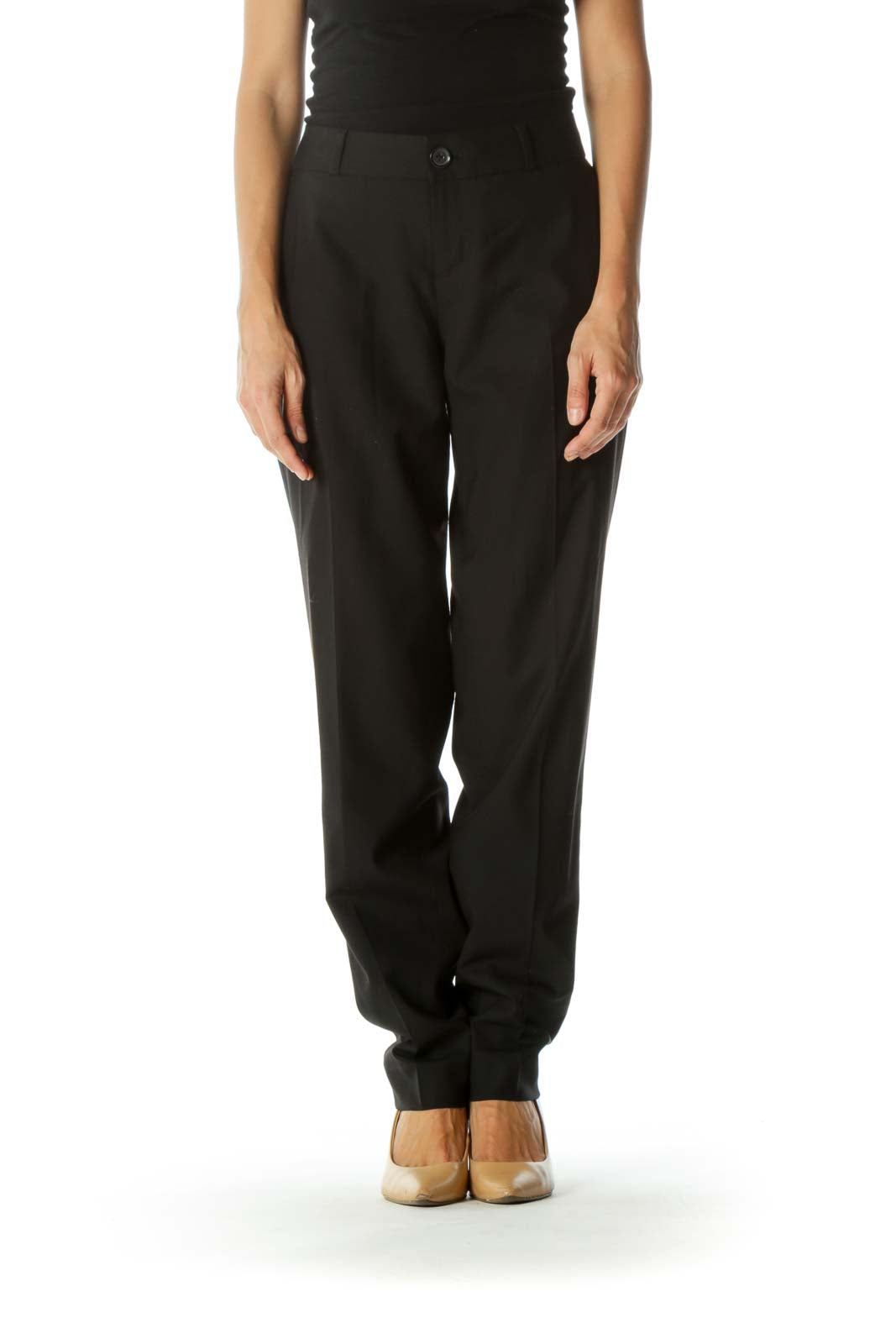 Black Single-Button Closure Pocketed Stretch Slacks