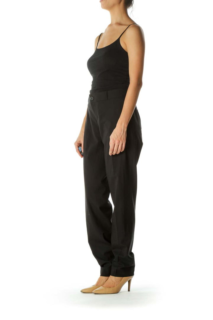 Black Single-Button Closure Pocketed Stretch Slacks